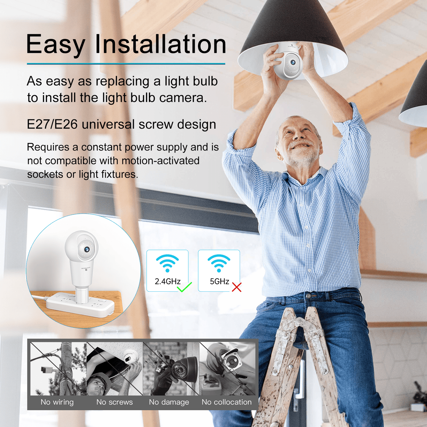 SYMYNELEC Z8 2K Caméra de sécurité extérieure avec ampoule, 2,4 GHz WiFi uniquement, prise de lumière sans fil, étanche avec détection humaine AI, suivi de mouvement, vision nocturne couleur, sirène d'alarme, fonctionne avec Alexa