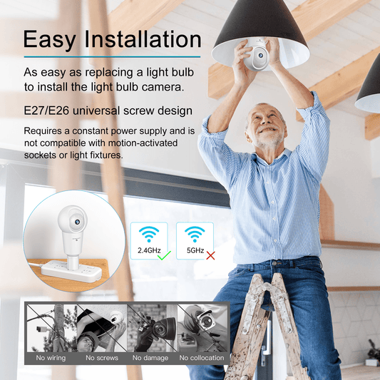 <2.4GHz WiFi> Z8 Light Bulb Security Camera, 2K HD, Spotlight Color Night Vision, Motion Detection, Waterproof Symynelec Camera