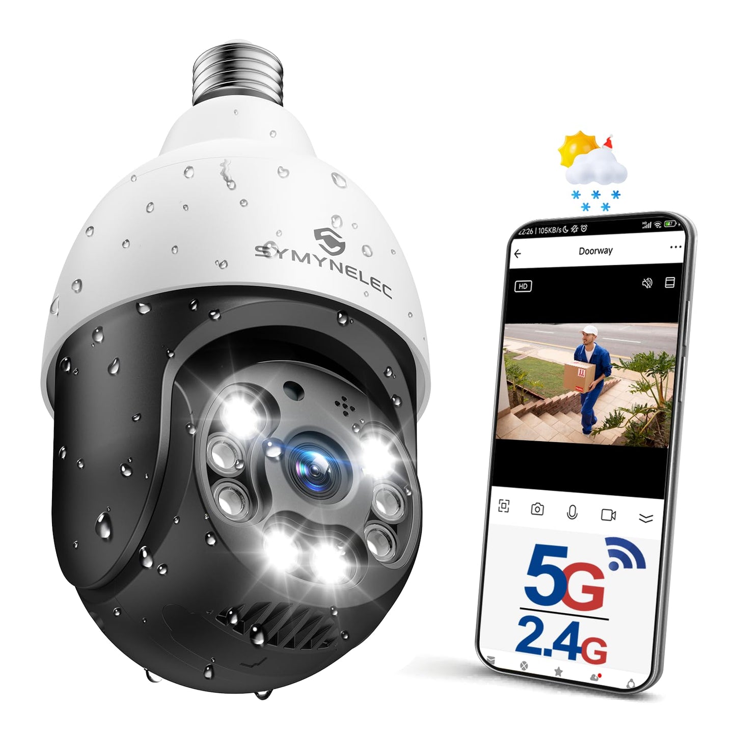 SYMYNELEC P4 Caméra de sécurité extérieure étanche 2,5K, 2,4 GHz sans fil WiFi avec détection humaine AI Suivi de mouvement Vision nocturne couleur Sirène Alarme Fonctionne avec Alexa