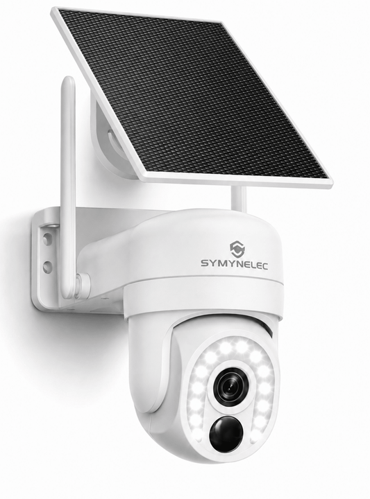 SYMYNELEC 2.4/5GHz Solar Security Camera Wireless Outdoor, 100% Wire-Free | No Monthly Fee, 360° Pan/Tilt, 2K Night Vision, Person Detection, 2-Way Talk, Siren Spotlight Weatherproof Cloud/SD Storage