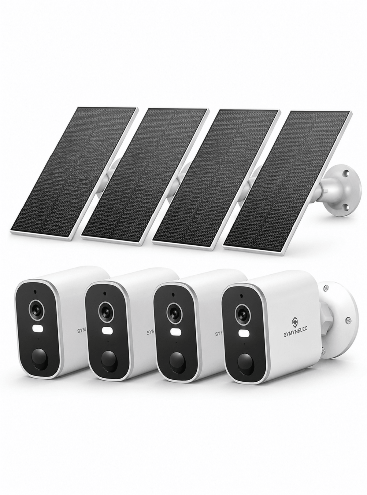 SYMYNELEC 2K Solar Security Cameras Wireless Outdoor, 4-Pack, No Monthly Fee, 100% Wire-Free, Color Night Vision, Person Detection, IP65 Waterproof, Compatible with Alexa, 2.4GHz WiFi