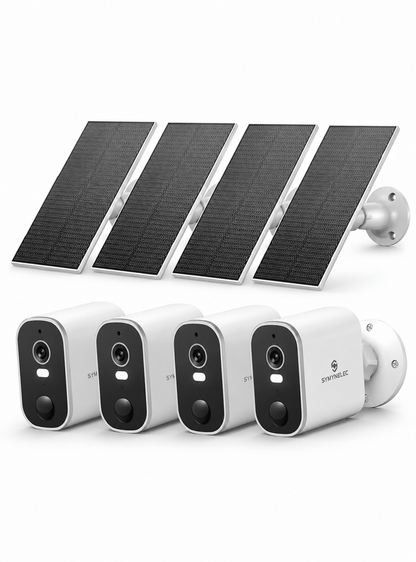 SYMYNELEC 2K Solar Security Cameras Wireless Outdoor, 4-Pack, No Monthly Fee, 100% Wire-Free, Color Night Vision, Person Detection, IP65 Waterproof, Compatible with Alexa, 2.4GHz WiFi