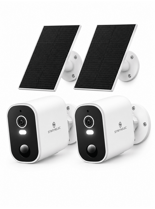 SYMYNELEC 2K Solar Security Cameras Wireless Outdoor 2-Pack - No Monthly Fee, 100% Wire-Free, Color Night Vision, PIR Person Detection, IP65 Waterproof, Compatible with Alexa, 2.4GHz WiFi