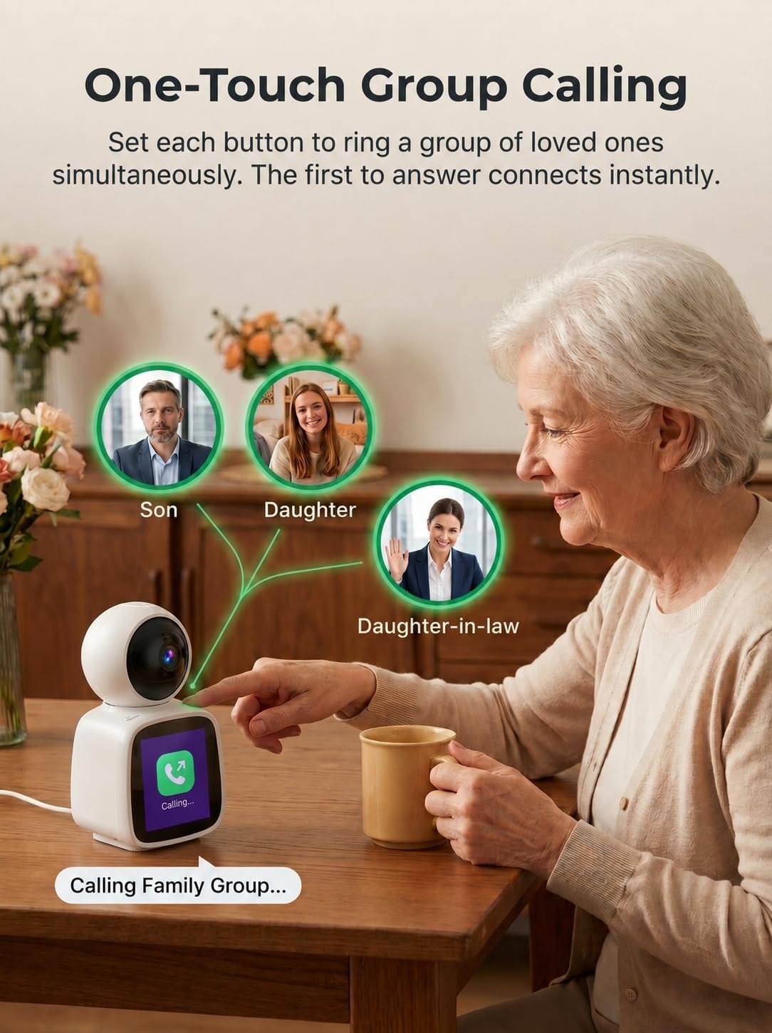 SYMYNELEC Elderly Monitoring Camera with Screen, One-Touch Video Calling | No Monthly Fee, 360° PTZ, 1080P Night Vision, 2.8 in Screen, 2-Way Audio, Motion Tracking, Sound Alert, Physical Privacy Mode
