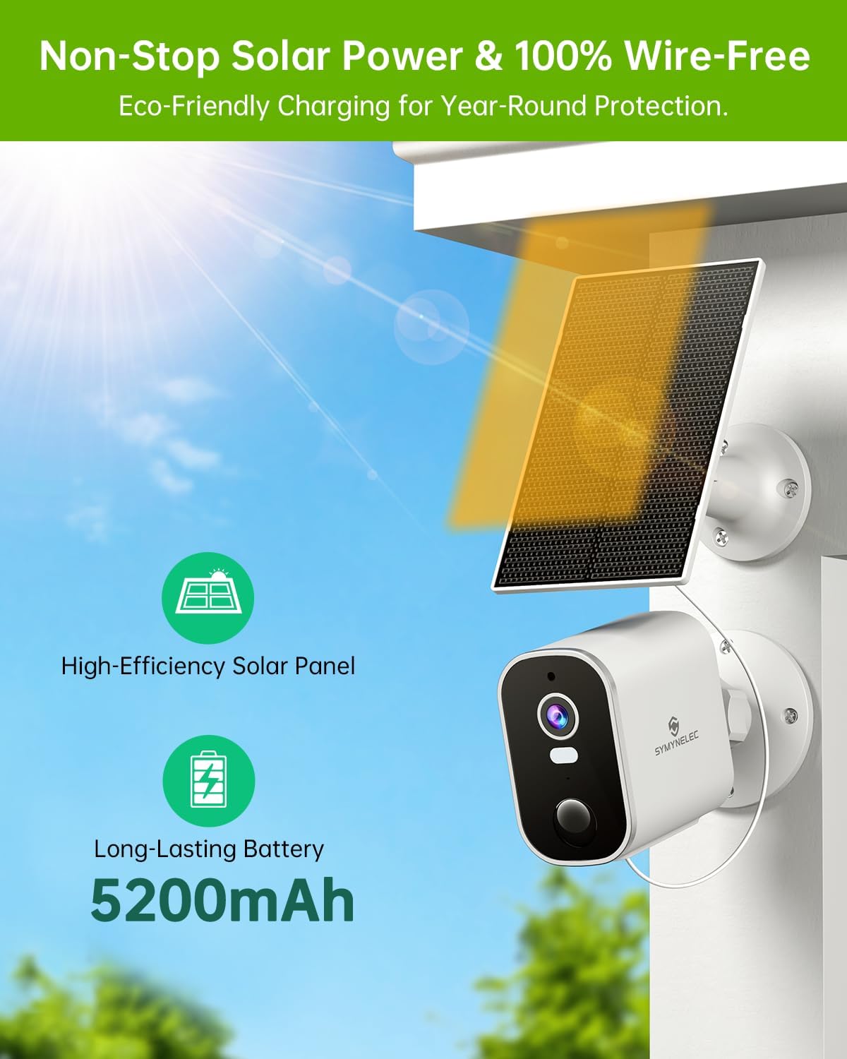 SYMYNELEC 2K Solar Security Cameras Wireless Outdoor 2-Pack - No Subscription, Home Security System with Color Night Vision, Person Detection, Waterproof, Compatible with Alexa, 2.4GHz WiFi