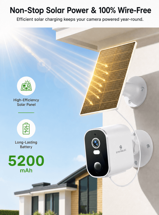 SYMYNELEC 2K Solar Security Cameras Wireless Outdoor 2-Pack - No Monthly Fee, 100% Wire-Free, Color Night Vision, PIR Person Detection, IP65 Waterproof, Compatible with Alexa, 2.4GHz WiFi