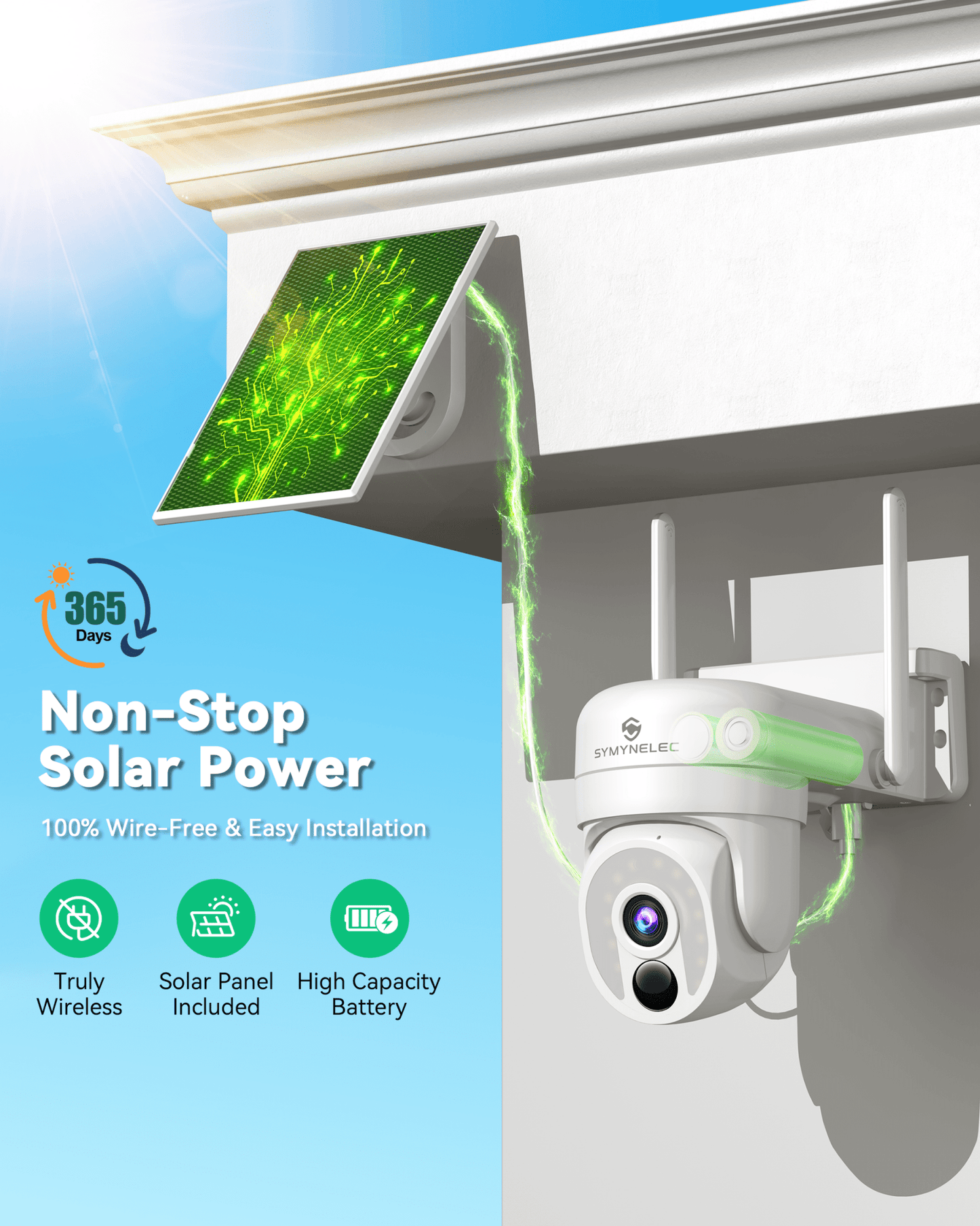 SYMYNELEC 2.4/5GHz Solar Security Camera Wireless Outdoor, 100% Wire-Free | No Monthly Fee, 360° Pan/Tilt, 2K Night Vision, Person Detection, 2-Way Talk, Siren Spotlight Weatherproof Cloud/SD Storage