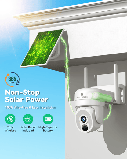SYMYNELEC 2.4/5GHz Solar Security Camera Wireless Outdoor, 100% Wire-Free | No Monthly Fee, 360° Pan/Tilt, 2K Night Vision, Person Detection, 2-Way Talk, Siren Spotlight Weatherproof Cloud/SD Storage