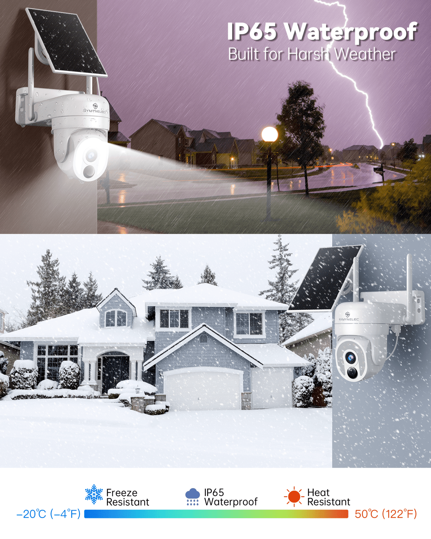 SYMYNELEC 2.4/5GHz Solar Security Camera Wireless Outdoor, 100% Wire-Free | No Monthly Fee, 360° Pan/Tilt, 2K Night Vision, Person Detection, 2-Way Talk, Siren Spotlight Weatherproof Cloud/SD Storage
