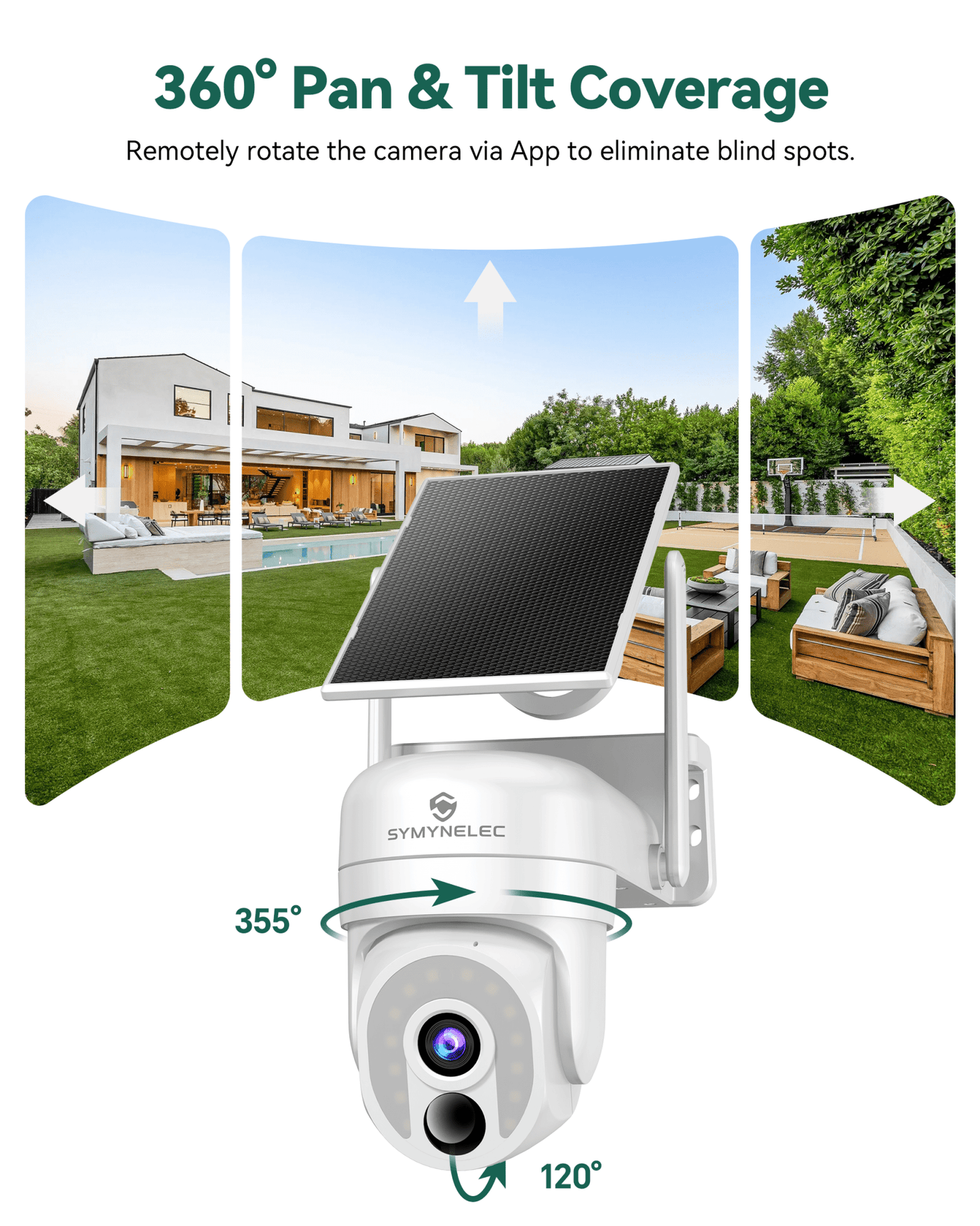 SYMYNELEC 2.4/5GHz Solar Security Camera Wireless Outdoor, 100% Wire-Free | No Monthly Fee, 360° Pan/Tilt, 2K Night Vision, Person Detection, 2-Way Talk, Siren Spotlight Weatherproof Cloud/SD Storage