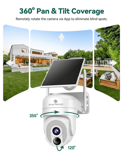 SYMYNELEC 2.4/5GHz Solar Security Camera Wireless Outdoor, 100% Wire-Free | No Monthly Fee, 360° Pan/Tilt, 2K Night Vision, Person Detection, 2-Way Talk, Siren Spotlight Weatherproof Cloud/SD Storage