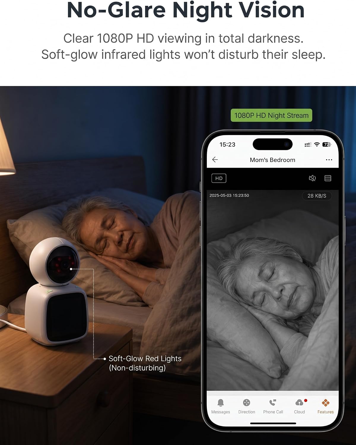 SYMYNELEC Elderly Monitoring Camera with Screen, One-Touch Video Calling | No Monthly Fee, 360° PTZ, 1080P Night Vision, 2.8 in Screen, 2-Way Audio, Motion Tracking, Sound Alert, Physical Privacy Mode
