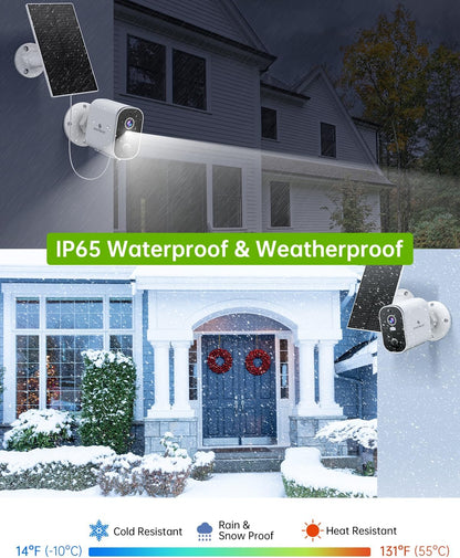 SYMYNELEC 2K Solar Security Cameras Wireless Outdoor 2-Pack - No Subscription, Home Security System with Color Night Vision, Person Detection, Waterproof, Compatible with Alexa, 2.4GHz WiFi