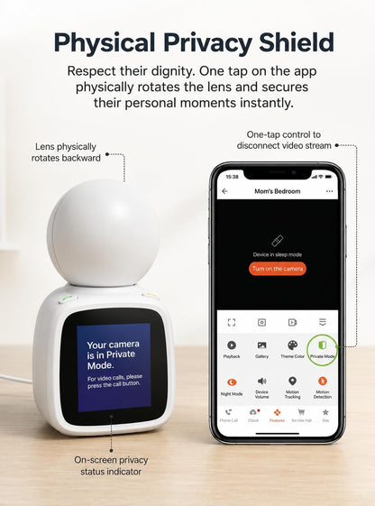 SYMYNELEC Elderly Monitoring Camera with Screen, One-Touch Video Calling | No Monthly Fee, 360° PTZ, 1080P Night Vision, 2.8 in Screen, 2-Way Audio, Motion Tracking, Sound Alert, Physical Privacy Mode