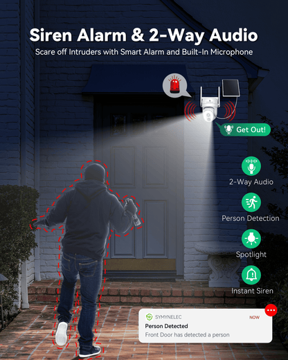 SYMYNELEC 2.4/5GHz Solar Security Camera Wireless Outdoor, 100% Wire-Free | No Monthly Fee, 360° Pan/Tilt, 2K Night Vision, Person Detection, 2-Way Talk, Siren Spotlight Weatherproof Cloud/SD Storage
