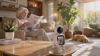 SYMYNELEC Elderly Monitoring Camera with Screen, One-Touch Video Calling | No Monthly Fee, 360° PTZ, 1080P Night Vision, 2.8 in Screen, 2-Way Audio, Motion Tracking, Sound Alert, Physical Privacy Mode